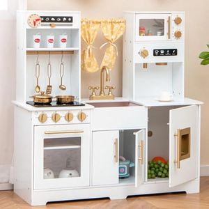 HONEY JOY Kids Kitchen Playset, Wooden Modern Toy Kitchen Set w/Water Dispenser & Coffee Maker, Lighted Stove, Curtains, Little Chef Pretend Play Kitchen for Toddlers, Gift for Boys Girls, White
