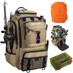 Goture Fishing Backpack 40L Tackle Rucksack Insulated Fishing Bag with Cooler, 900D Oxford Fabric with Rod Holder, Organised Storage Compartments, Rain Cover, Includes 2 Tackle Boxes A Khaki
