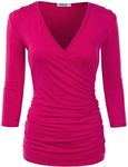 DOUBLJU 3/4 Sleeve Fitted Deep V-Neck Surplice Tops for Women with Plus Size - Pink - Medium