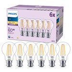 PHILIPS LED Classic A60 Light Bulb 6 Pack [Warm White 2700K - B22 Bayonet Cap] 60W, Non Dimmable, for Home Indoor Lighting