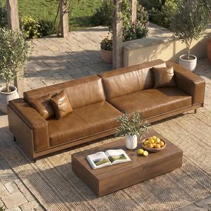 gaoyangjiaju 111.81" Minimalist Outdoor 4-Seater Patio Sofa Couch with Metal Legs, Waxed Leather Furniture with Weather-Treated Wood for Garden Deck and Backyard,Brown