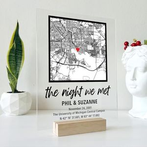 Our First Date Plaque with Wooden, Acrylic, Led Light Stand - Where It All Began Couples Map Gift for Her Personalized Gift Couples Gift Gifts for Him Where We Met Map Personalized Map Couples Gift
