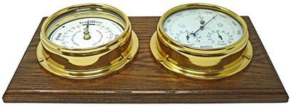 Tabic Brass Tide Clock and Barometer with built in Hygrometer and Thermometer Heavy Lacquered Brass (1/2kg each), Sailing Ship Yacht Boating Marine Coastal Clock, Handmade In England