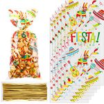 100 Pieces Mexican Fiesta Cellophane Treat Bags, Cinco De Mayo Themed Party Favor Bag Plastic Candy Bags Goodie Gift Bags Taco Bar Decor with 100 Gold Twist Ties for Fiesta Mexico Party Decoration