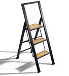 Step Ladder 3 step folding, decorative - Beautiful Bamboo & Black Aluminum, Ultra Slim Profile, Anti Slip Steps, Sturdy-Portable for Home, Office, Kitchen, Photography Use,by SORFEY