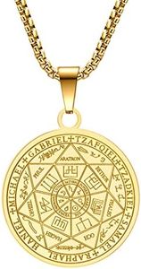 Yaumatea Seven Archangels Pendant Necklace For Men Women Protection Amulet Archangel Michael Coin Pendant Necklace Gabriel Uriel Spiritual Stainless Steel Medal Necklace 24 inches (Gold)