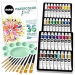 Chalkola Watercolor Paint Kit for Adults - 36 Watercolor Tubes (12ml, 0.4oz), 10 Painting Brushes & 1 Palette - Water Colour Paint Set for Kids, Beginners & Professional Artists | Watercolour Supplies