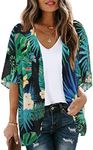 CHICGAL Women's Floral Print Puff Sleeve Kimono Cardigan Loose Cover Up Casual Blouse Tops, Black Green Tropical, Medium