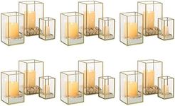 NUPTIO Candle Lantern for Wedding Centerpiece: 18 Pcs Clear Hurricane Glass Pillar Candles Holder with Gold Frame Bulk Decorative Candle Lanterns for Christmas Dining Table Decor 8.1 & 6.5 & 4.7 inch