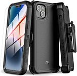 M MYBAT PRO Shockproof Maverick Series Case for iPhone 14 Case with Belt Clip Holster and Tempered Glass, 6.1 inch, Heavy Duty Military Grade Drop Protective Case with 360° Rotating Kickstand-Black