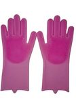 Onlineforu lTD Dishwashing Cleaning Sponge Gloves Reusable Silicone Brush Scrubber Gloves Heat Resistant for Dishwashing Kitchen Bathroom Cleaning Pet Hair Care Car Washing PINK