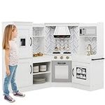 Best Choice Products Pretend Play Corner Kitchen, Ultimate Interactive Wooden Toy Set for Kids w/Lights & Sounds, Ice Maker, Hood, Utensils, Oven, Microwave, Sink - White