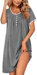 Ekouaer Womens Nightgown Button Down Sleep Shirts Lace Sleepwear Short Sleeve Nightshirt Mumu Sleep dress with Pockets S-XXXL Dark Grey