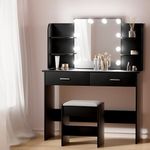 Artiss Dressing Table, 10 Bulbs LED Mirror Makeup Stool Set Wooden Vanity Desk Chair, Home Bedroom Furniture Girls Kids Women Organisers, Drawers Shelves Wide Tabletop Black