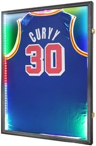 Jersey Frame Display Case LED Lights, Lockable Shadow Box Sports Jersey Frame with 98% UV Protection Acrylic and Metal Hanger for Baseball Basketball Football Shirt,Black