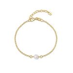 Amberta Women 925 Sterling Silver Freshwater Pearl Bracelet: Gold Plated Pearl Bracelet for Women with 6-7 mm Pearl