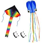 Listenman Pack of 2 Kites Large Rainbow Delta Kite and Blue Mollusc Octopus with Long Colorful Tail, Kites for Kids and Adults Easy to Fly Kite for Beach Great Outdoor Games and Activities with Family