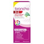 Broncho 5-in-1 Cough Syrup 200ml – Multi-Symptom Relief for Dry & Chesty Coughs and Sore Throat Associated with a Cold. Sugar Free & Alcohol Free