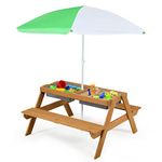 Costzon Kids Picnic Table, 3 in 1 Sand & Water Table w/Height Adjustable Umbrella, Removable Tabletop, Children Outdoor Toy Playset w/2 Play Boxes, Wooden Convertible Activity Play Table