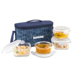 Borosil Indigo Lunchbox with Bag | 4 pc Borosilicate Glass Container Set (320 ml x 2 Square + 240 ml x 2 Round) | Microwave & Dishwasher Safe, Leak Proof | Tiffin for Office, School, College | Blue