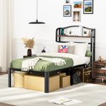 RmagineX Twin Size Bed Frame, 18 Inch High Heavy Duty Metal Platform Bed Frames with Headboard,Outlet and Bedside Storage Organizer,No Box Spring Needed,Easy Assembly,Vintage Brown&Black