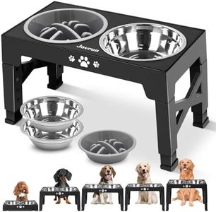 Jovrun Elevated Dog Bowls, Dog Feeder with 2 Stainless Steel Bowls &1 Slow Feeder Dog Bowls, 5 Heights Adjustable Raised Dog Bowls Stand for Medium Large Dogs, Dog Food Bowls with Non-Slip Feet