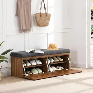Plturdke 49" Shoe Bench with Cushion Entryway Bench with Shoe Storage Ottoman 2-Tier Storage Bench with 2 Barn Doors for Living Room, Entryway, Hallway and Bedroom
