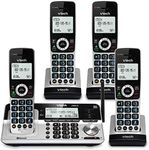 VTech VS113-4 Extended Range 4 Handset Cordless Phone for Home with Call Blocking, Connect to Cell Bluetooth, 2" Backlit Screen, Big Buttons, and Answering System, Silver & Black