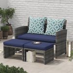 OC Orange-Casual Outdoor Loveseat Patio Furniture Rattan Conversation Set with Ottoman, Navy Blue Cushions, Grey Wicker, Pillows Included