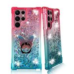 Zase Samsung S22 Ultra 5G Clear Case Liquid Glitter Sparkle Bling Designed for Galaxy S22-Ultra (6.8-inch) Cute Floating 3D Butterflies Waterfall Quicksand w/Phone Ring Holder (Gradient Pink Aqua)