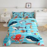 Kids Cartoon Ocean Comforter,Whale Shark Dolphin Comforter Set Full Size,Lovely Under Sea Animal Bedding Set All Seasons,Blue Sea Wave Bedroom Down Duvet,1 Comforter&2 Pillowcase