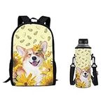 Coloraniaml Welsh Corgi Dog Schoolbag Sets 2 Pcs,Corgi Dog Backpack with Sunflower for Kids Children，2 In1，Water Bottle Carrier Pouch for Teens Boy Girl