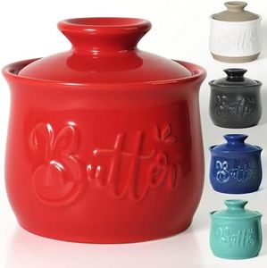 MAIA Ceramic 5.5 oz Butter Crock for Counter with Water Butter Spreader Holder for Spreadable Butter French Butter Dish with Lid Butter Keeper on Kitchen Counter Red Kitchen Décor
