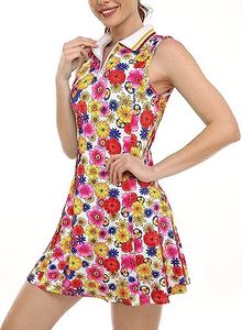 FREEYE Tennis Dress with Built in Shorts and Pockets V-Neck Zippered Golf Dresses for Women Athletic Workout Exercise Casual Clothes Sports-Wear Outfits Apparel Flower M