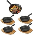 Navaris Cast Iron Skillet With Wooden Base (Set of 4) - Cast Iron Frying Pan Small Skillet With Protective Wood Base - Heavy Duty Metal Skillet Pans - 6" (15cm)