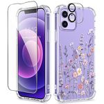 GVIEWIN Compatible with iPhone 12 Case/iPhone 12 Pro Case 6.1 Inch 2020, with Tempered Glass Screen Protector + Camera Lens Protector, Clear Flower Soft TPU Thin Shockproof Cover, Floratopia/Colorful