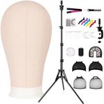 GHWMYD 22 Inch Canvas Wig Head Mannequin HeadWig Stand Tripod Manikin Canvas Head Set for Wigs Making Display Styling Head with Tripod Table Clamp Wig Caps Pins Set Hair Brush, Clips (Beige