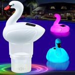 FineBud Pool Chlorine Floater, Solar Swan Chlorine Floater with Adjustable Release, Floating Chlorine Dispenser with Colorful Light, Large Capacity, Easy Opening Solar Chlorine Floater for Hot Tub