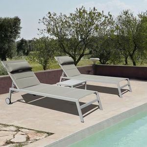 Domi Patio Chaise Lounge Set of 3, Outdoor Lounge Chair, Aluminum Textilene Padded 5 Position Pool Lounger, Stackable Lounge Chair w/Headrest, Wheels, Side Table, for Beach Backyard Lawn, Grey