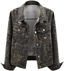 Kedera Denim Jacket for Women Leopard Print Ripped Distressed Jean Button-up Front Bomber Jacket