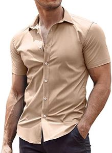 COOFANDY Men's Muscle Fit Dress Shirts Wrinkle-Free Short Sleeve Casual Button Down Shirt Khaki