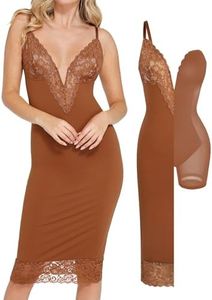 Popilush Brown Corset Lace Shapewear Dress Deep V Bodycon Midi Dresses for Women Satin Drape Slip Club Party Night Out