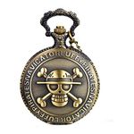 JewelryWe Antique Bronze Anime Skull Cartoon One Piece Style Luffy Quartz Pocket Watch Necklace 31.5 inch Chain for Christmas Halloween