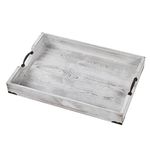 Large Wood Rectangular Serving Tray 20 x 14 Inch Rustic Wooden Ottoman Tray with metal handle and wrapped corners, Wood coffee table tray Solid Pine Decorative Tray Whitewashed