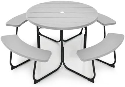 Julimoon Round Picnic Table for Outdoors, 8 Person Outdoor Picnic Tables & Benches Set with Umbrella Hole, HDPE Tabletop & Metal Frame, 2000 LBS Capacity Table Bench Set for BBQ, Garden, Lawn, Patio