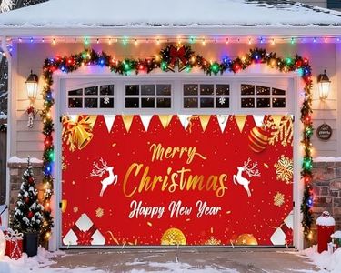 Christmas Garage Door Cover 7x16ft, Holiday Decor Banner with Easy to Install, Waterproof Decorative Mural for Outdoor Christmas Decor
