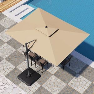 PHI VILLA Outdoor Cantilever Patio Umbrella with Base, 9’ x 12’ Heavy Duty Rectangular Large Umbrella with Hydraulic Lift and 360° Rotation, Beige
