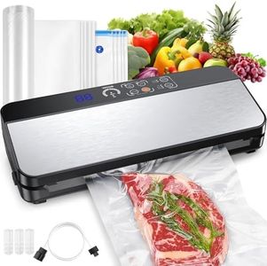 Homiloggo Food Vacuum Sealer, 110W Automatic Sealing Machine for Food Preservation Dry Moist Sealing Modes with Built-in Bag Rolls and Cutter Starter Kit