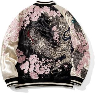 Sukajack Sakura Dragon Embroidered Bomber Jacket Men Women Reversible Satin Streetwear Vintage Zip Up Windbreaker Coat for Spring Fall