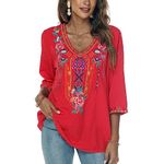 Seasonal Bohemian Embroidery Mexican Tops Women's Summer Boho Shirts Hippie Peasant 3/4 Sleeve V Neck Blouses Tunic (328-Red, XL)